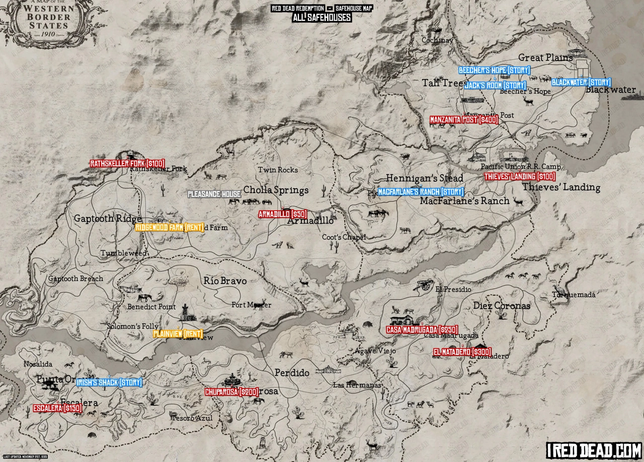 Red Dead Redemption All Safehouses Map